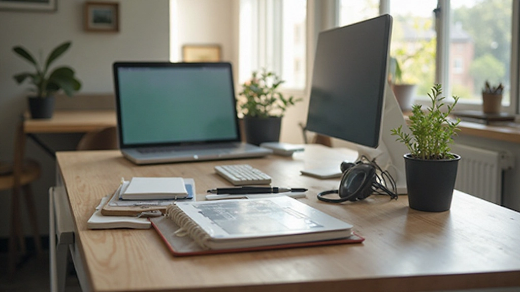 Professionele werkomgeving met laptop en notitieboek