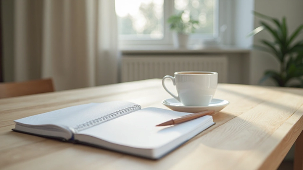 Moderne werkruimte met open notitieboek, pen en koffiekopje op natuurlijk verlichte houten tafel