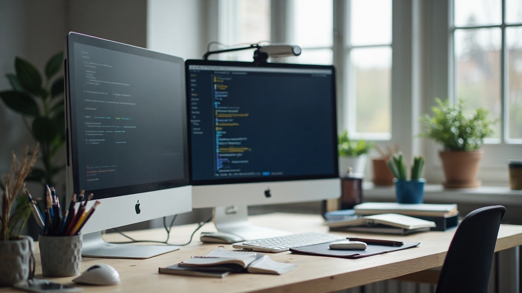 Kantoor werkstation met twee monitoren, notitieboeken en kantoorsupplies netjes georganiseerd op houten bureau