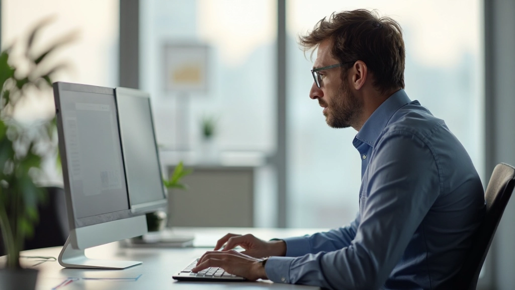 Persoon van 30-40 jaar volledig gekleed werkend aan computerbureau, gefocuste werkhouding, professionele omgeving