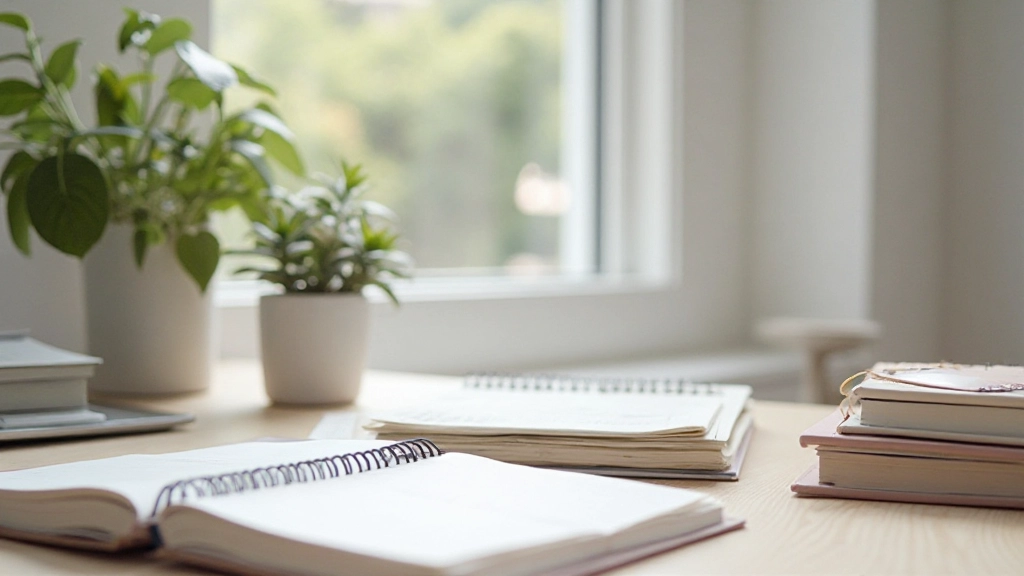 Goed georganiseerde werkplek met gelabelde mappen, notitieboeken en planningtools op een schoon bureau