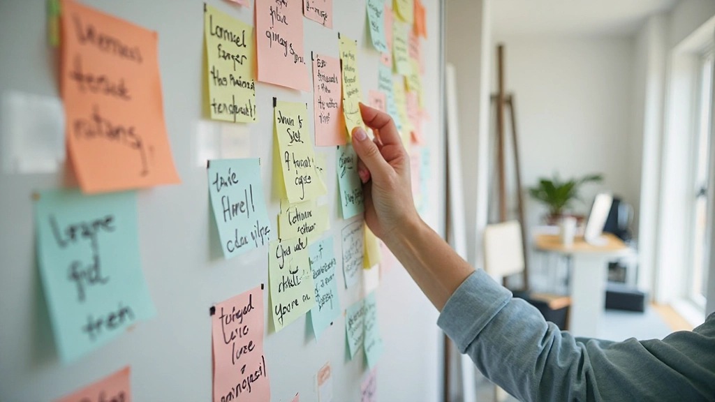 Kleurrijke plaknotities op een wit whiteboard met geschreven taken en prioriteiten